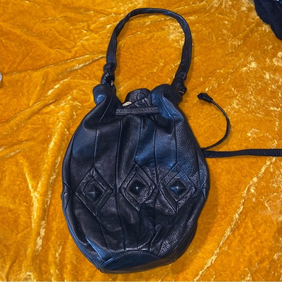 Elliott Lucca Black Leather Drawstring Bucket Bag Medium Diamond Embossed - Picture 5 of 12